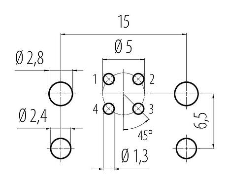 Disposition du conducteur 99 3432 200 04 - M12 Embase femelle, Contacts: 4, non blindé, THR, IP68, UL 2238, M12x1,0, Montage frontal, pour assemblage PCB, conception en deux parties