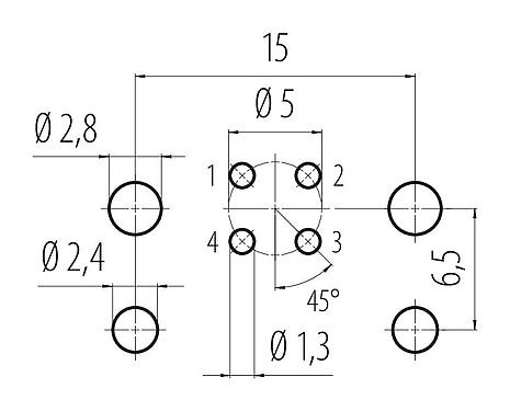 Disposition du conducteur 99 3432 200 04 - M12 Embase femelle, Contacts: 4, non blindé, THR, IP68, UL, pour assemblage PCB, conception en deux parties