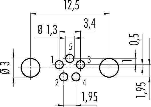 Conductor layout M8 Female panel mount connector, Contacts: 5, shieldable, THT, IP67, UL 2238, M10x0.75, Rear mounting, potted
