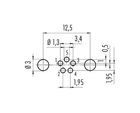 Conductor layout 09 3424 82 05 - M8 Female panel mount connector, Contacts: 5, shieldable, THT, IP67, M10x0.75, front fastened