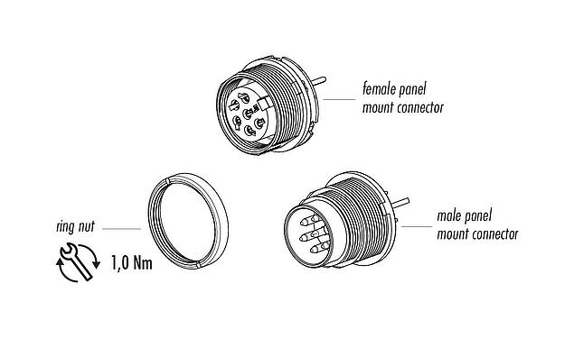 Component part drawing M16 Female panel mount connector, Contacts: 3 (03-a), shieldable, THT, IP40, M18x0,75, Rear mounting