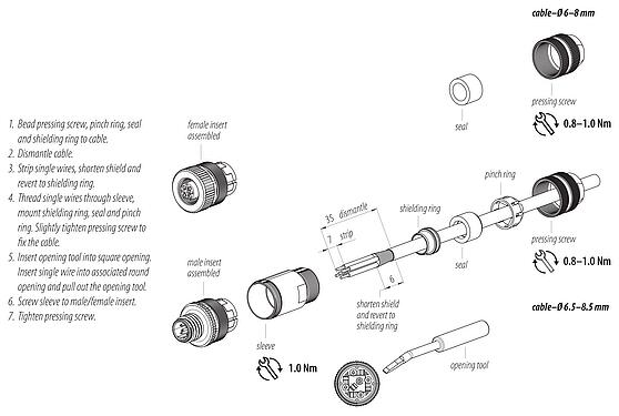 Instrucción de montaje M12 Conector de cable macho, Número de contactos: 5, 6,0-8,0 mm, blindable, abrazadera de alambre, IP67, con anillo de protección