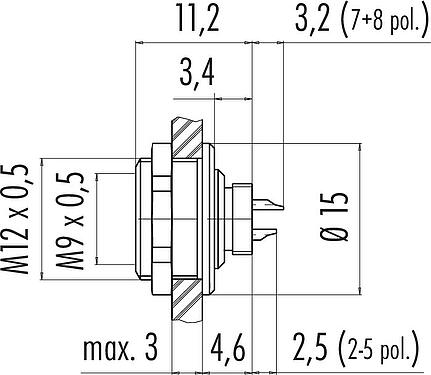 Scale drawing M9 Female panel mount connector, Contacts: 5, unshielded, solder, IP67, M12x0.5, Rear mounting