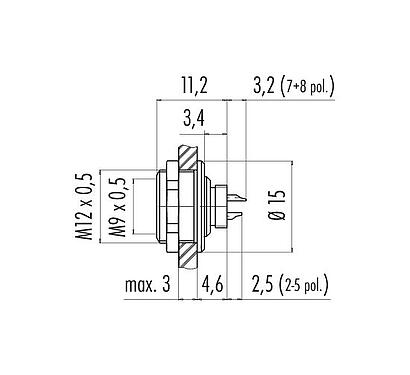 Scale drawing 09 0412 80 04 - M9 Female panel mount connector, Contacts: 4, unshielded, solder, IP67, front fastened