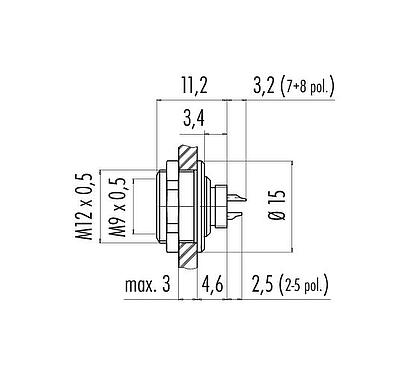 Scale drawing M9 Female panel mount connector, Contacts: 8, unshielded, solder, IP67, M12x0.5, Rear mounting