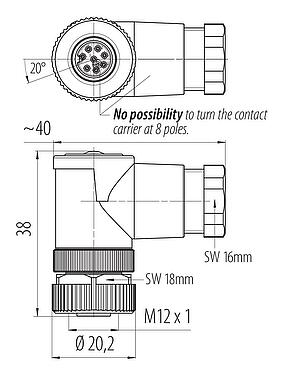 Dessin coté M12 Connecteur femelle coudé, Contacts: 8, 6,0-8,0 mm, non blindé, pince à visser, IP67, UL 2238