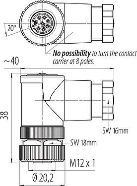 Dessin coté M12 Connecteur femelle coudé, Contacts: 8, 6,0-8,0 mm, non blindé, pince à visser, IP67, UL 2238