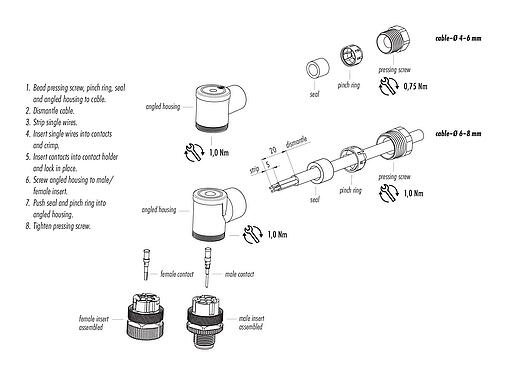Instructions de montage M12 Connecteur femelle coudé, Contacts: 4, 6,0-8,0 mm, non blindé, sertir (Les contacts à sertir doivent être commandés séparément), IP67, UL 2238