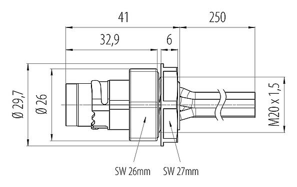 Scale drawing 09 6121 150 06 - Bayonet Male panel mount connector, Contacts: 6, shieldable, single wires, IP66/IP67, UL 2237, M20x1.5, Front mounting