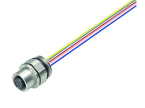 Illustration M12 Female panel mount connector, Contacts: 8, unshielded, single wires, IP68/IP69K, UL 2238, PG 9, Front mounting, stainless steel, positionable, potted