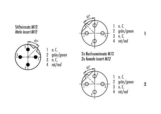 Disposition des contacts (Côté plug-in) 77 9853 4330 60702-0100 - M12 Duo connecteur mâle - 2 connecteurs femelle M12x1, Contacts: 2, blindé, surmoulé sur le câble, IP65, Profibus, PUR, violet, 2 x 0.25 mm², 1 m