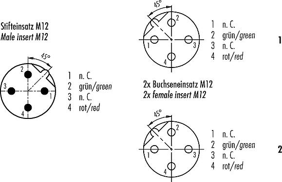 Disposition des contacts (Côté plug-in) M12 Répartiteur de câbles connecteur mâle - 2 connecteurs femelle, Contacts: 2, blindé, surmoulé sur le câble, IP67, Profibus, PUR, violet, 2 x 0.25 mm², 2 m