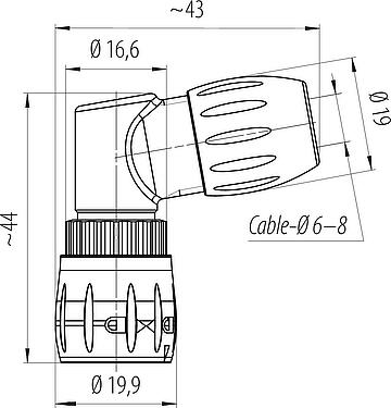Scale drawing Bayonet Male angled connector, Contacts: 8, 6.0-8.0 mm, unshielded, solder, IP67