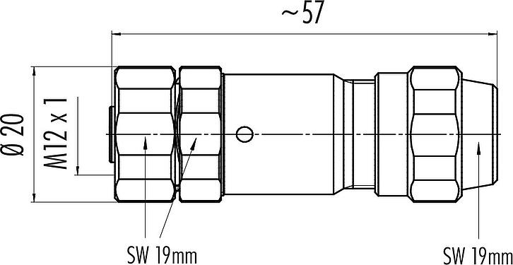Scale drawing M12 Female cable connector, Contacts: 12, 5.5-8.6 mm, shieldable, solder, IP68/IP69K, UL 2238, Ecolab, stainless steel, with shielding ring