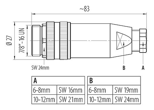 Dessin coté 7/8" Connecteur mâle, Contacts: 4+PE, 10,0-12,0 mm, non blindé, pince à visser, IP67, UL 2238, VDE