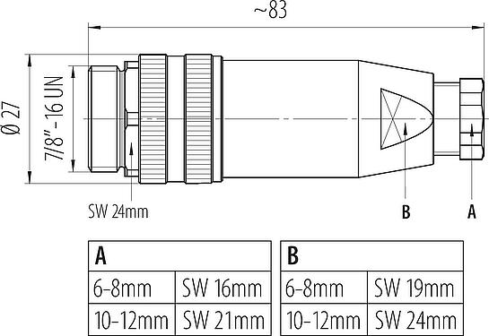 Scale drawing 7/8" Male cable connector, Contacts: 4+PE, 10.0-12.0 mm, unshielded, screw clamp, IP67, UL 2238, VDE