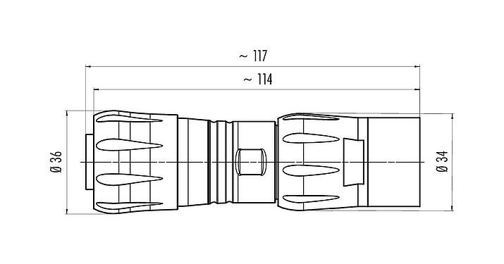 Dibujo a escala Bayoneta Conector de cable hembra, Número de contactos: 4+3+PE, 7,0-17,0 mm, sin blindaje, crimpado (los contactos de crimpado deben pedirse por separado), IP68/IP69K, UL 2238, VDE, UV-Beständig, racor para manguera protectora