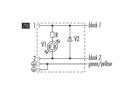 Pin assignment plans Female solenoid valve connector, Contacts: 2+2PE, unshielded, moulded on the cable, IP67, PUR, black, Circuit Z10, with LED PNP closer, 5 m