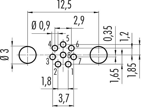 Conductor layout M8 Female panel mount connector, Contacts: 8, shieldable, THT, IP67, UL 2238, M10x0.75, Rear mounting, potted