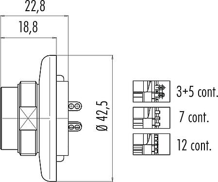 Dessin coté M25 Embase mâle, Contacts: 7, blindable, souder, IP40, Montage frontal