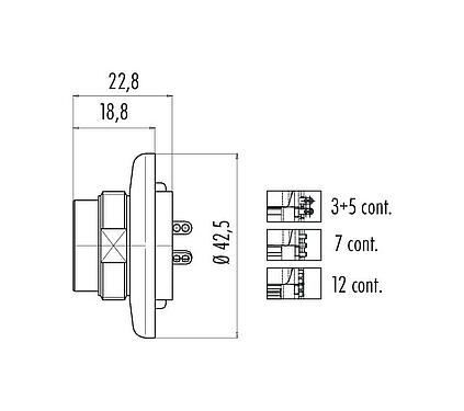Scale drawing M25 Male panel mount connector, Contacts: 12, shieldable, solder, IP40, Front mounting