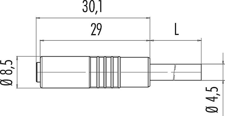 Dibujo a escala M8 Conector de cable hembra, Número de contactos: 4, sin blindaje, moldeado en el cable, IP65, PUR, negro, 4 x 0,25 mm², Versión snap-in, 2 m