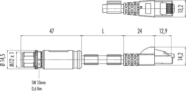 Dessin coté M12/RJ45 Câble de raccordement connecteur mâle - connecteur RJ45, Contacts: 8, blindé, surmoulé sur le câble, IP67, UL, PUR, vert, AWG 26/7, 5 m