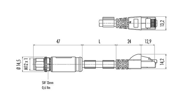 Dessin coté M12/RJ45 Câble de raccordement connecteur mâle - connecteur RJ45, Contacts: 8, blindé, surmoulé sur le câble, IP67, UL, PUR, vert, AWG 26/7, 5 m
