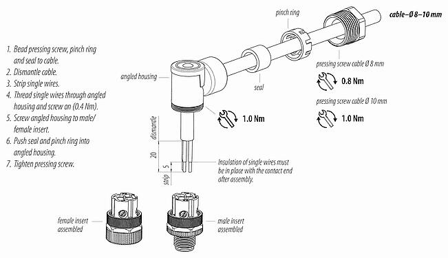 Instructions de montage M12 Connecteur mâle coudé, Contacts: 3+PE, 8,0-10,0 mm, non blindé, pince à visser, IP67, UL 2238, VDE