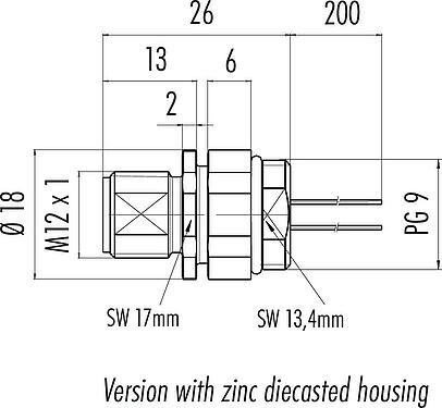 Scale drawing M12 Male panel mount connector, Contacts: 4, unshielded, single wires, IP68, UL 2238, PG 9, Front mounting