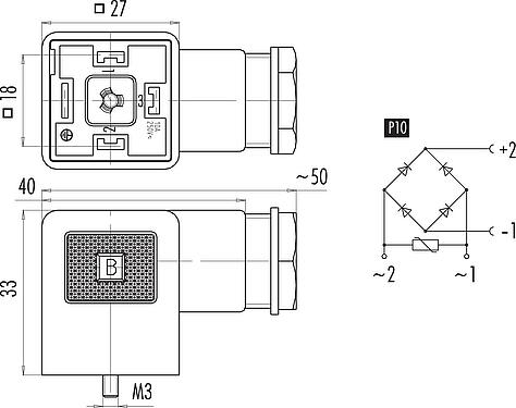 Schémas d’affectation des broches Embase femelle pour appareils, Contacts: 2+PE, 8,0-10,0 mm, non blindé, pince à visser, IP40 sans joint, PG 11, Circuit P10