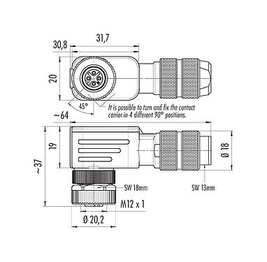 Dessin coté 99 1434 820 04 - M12 Connecteur femelle coudé, Contacts: 4, 5,0-8,0 mm, blindable, sertir (Les contacts à sertir doivent être commandés séparément), IP67, UL