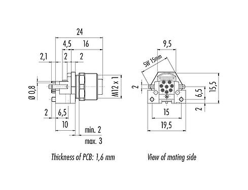 Scale drawing 99 3482 200 08 - M12 Female panel mount connector, Contacts: 8, unshielded, THR, IP68, UL 2238, for PCB assembly