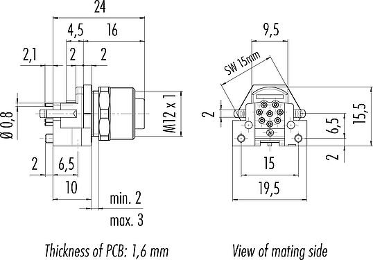 Dessin coté M12 Embase femelle, Contacts: 8, non blindé, THR, IP68, UL 2238, M12x1,0, Montage frontal, pour assemblage PCB