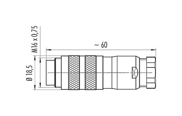 Dibujo a escala M16 Conector de cable macho, Número de contactos: 8 (08-a), 6,0-8,0 mm, blindable, crimpado (los contactos de crimpado deben pedirse por separado), IP68, UL 2238, Cumple con AISG