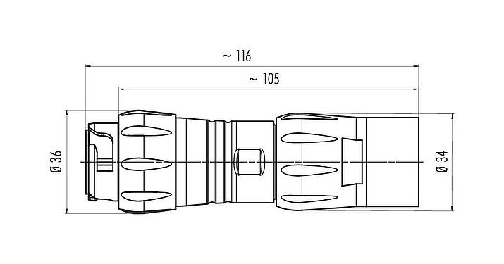 Dibujo a escala 99 6489 100 05 - Bayoneta Conector de cable macho, Número de contactos: 4+PE, 7,0-17,0 mm, sin blindaje, crimpado (los contactos de crimpado deben pedirse por separado), IP68/IP69K, UL 2238, VDE