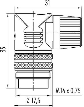 Scale drawing M16 Male angled connector, Contacts: 2 (02-a), 4.0-6.0 mm, unshielded, solder, IP40