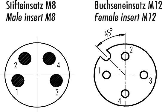 Disposition des contacts (Côté plug-in) M12/M8 Adaptateur, Contacts: 4, non blindé, enfichable, IP67