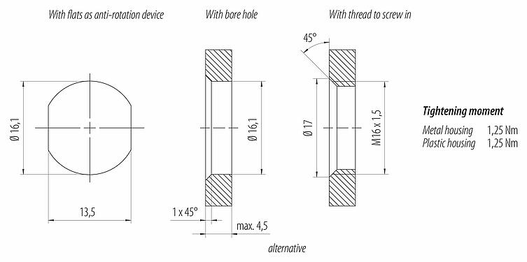 Muestra de montaje M12 Toma de brida, Número de contactos: 4, sin blindaje, THR, IP68, UL 2238, M16x1,5, Montaje frontal