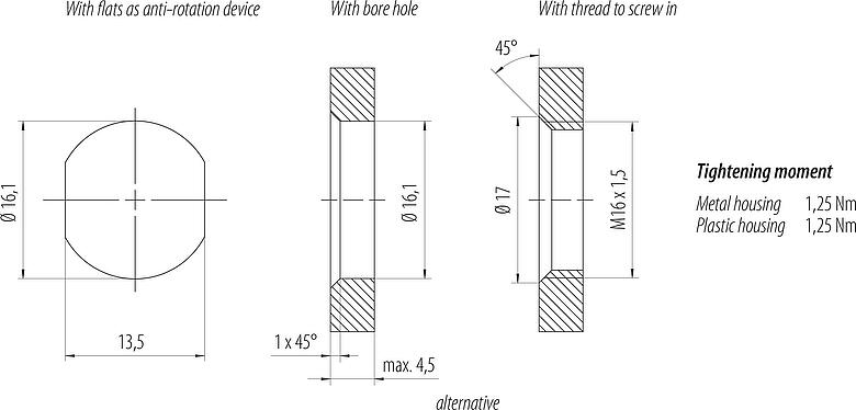 Muestra de montaje M12 Toma de brida, Número de contactos: 5, sin blindaje, hilos, IP68, UL 2238, M16x1,5, Montaje frontal