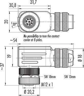 Dibujo a escala M12 Conector hembra en ángulo, Número de contactos: 8, 6,0-8,0 mm, blindable, tornillo extraíble, IP67, UL 2238, con anillo de protección