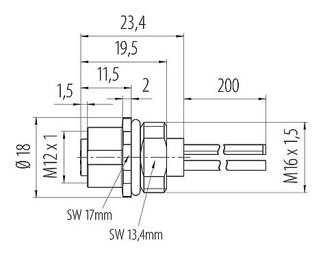 Dessin coté M12 Embase femelle, Contacts: 4, non blindé, fils, IP68, UL 2238, M16x1,5, Montage frontal