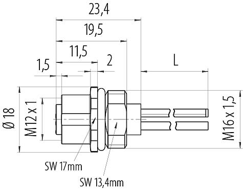 Dibujo a escala M12 Toma de brida, Número de contactos: 4, sin blindaje, hilos, IP68, UL 2238, M16x1,5, Montaje frontal, moldeado