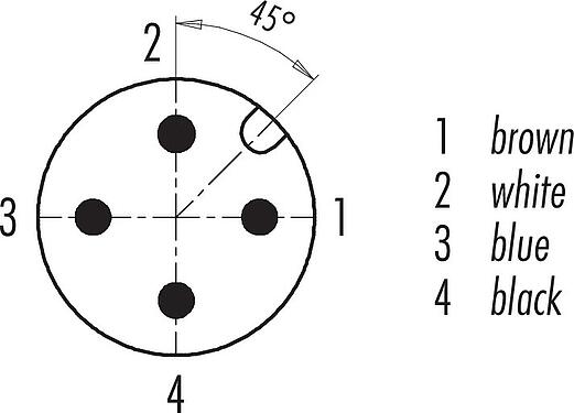Disposition des contacts (Côté plug-in) M12 Connecteur mâle, Contacts: 4, non blindé, surmoulé sur le câble, IP68/IP69K, PUR, noir, 4 x 0,34 mm², pour les applications de soudage, 5 m
