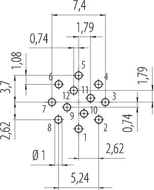 Conductor layout Snap-In Male panel mount connector, Contacts: 12, unshielded, THT, IP67, VDE, M12x1.0, Front mounting