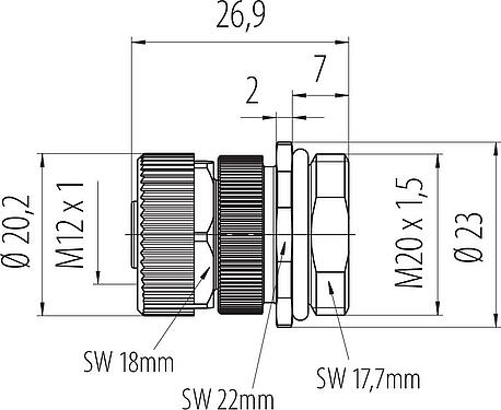 Dibujo a escala M12 Toma de brida, Número de contactos: 3+PE, sin blindaje, tornillo extraíble, IP68, UL 2238, VDE, M20x1,5, Montaje frontal