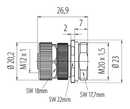Dibujo a escala M12 Toma de brida, Número de contactos: 3+PE, sin blindaje, tornillo extraíble, IP68, UL 2238, VDE, M20x1,5, Montaje frontal