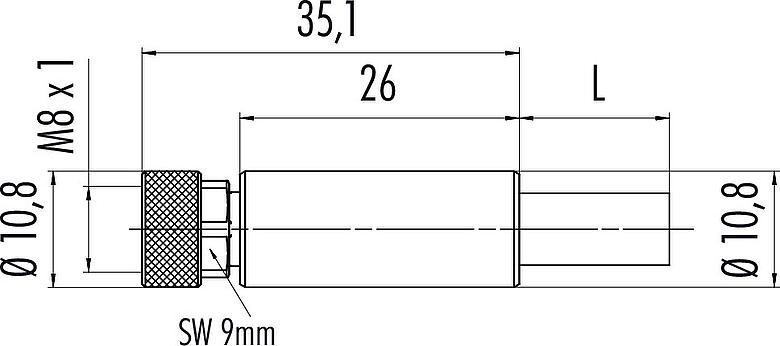 Dessin coté M8 Connecteur femelle, Contacts: 4, blindé, surmoulé sur le câble, IP67, UL, Ethernet CAT5e, TPE, bleu/vert, 2 x 2 x AWG 24, 5 m