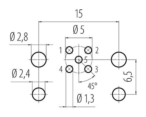 Conductor layout 99 3442 200 05 - M12 Female panel mount connector, Contacts: 5, unshielded, THR, IP68, UL 2238, for PCB assembly