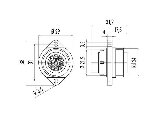 Scale drawing RD24 Male panel mount connector, Contacts: 6+PE, unshielded, crimping (Crimp contacts must be ordered separately), IP67